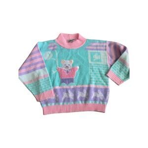 Vintage pastel pink purple sweater teddy bear bunny USA Mini waves colorblock